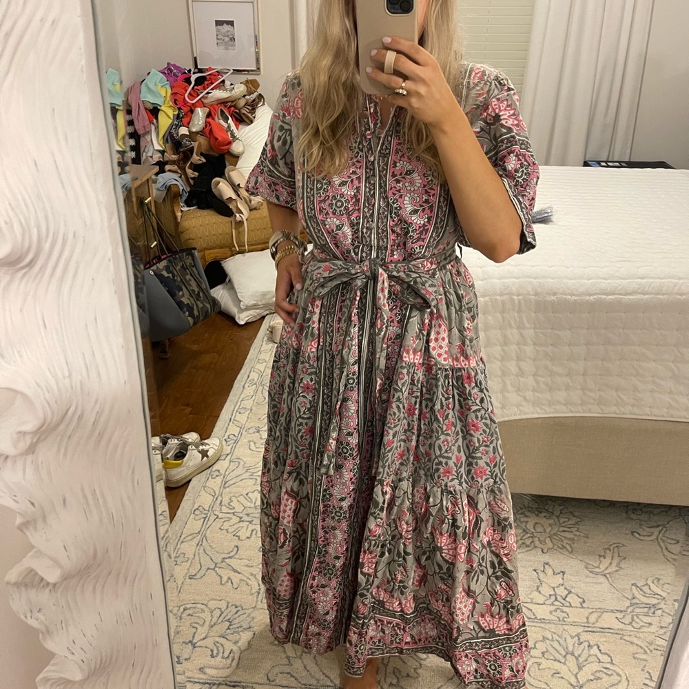 SUE SARTOR PINK & GRAY PHEASANT DRESS Maxi Shirt Sleeve Medium